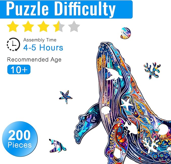 Wooden Puzzle for Adults - Blue Whale Wood Puzzles Adult - Unique Animal Shape Wooden Jigsaw Puzzles for Adults - Birthday Gifts for Puzzle Lovers, Family (12.2 * 9.7in)