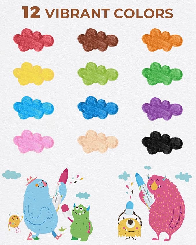 Washable Dual Tip Markers for Kids, Broad & Round Tip, Easy-Grip Design for Little Hands, 12 Vibrant Colors Toddler Markers with Portable Case, Preschool Art Supplies for Kids Toddlers