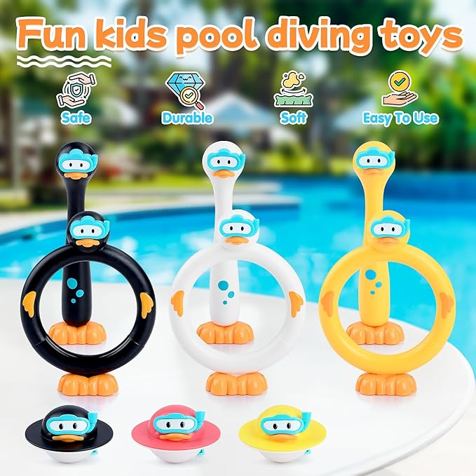 Pool Diving Toys for Kids, 9 PCS Swimming Pool Diving Rings, Summer Duck Dive Sticks with Duck Float Toys for Kids 4-8 8-12, Fun Outdoor Underwater Pool Games for Teens