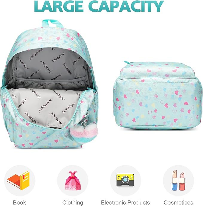 SUN EIGHT Backpack for Girls Kids Elementary Bookbag Waterproof Large Space School Backpacks for Teens for Travel and School Ages 6+ Years old Casual Backpack（Pink Green Peach Heart）