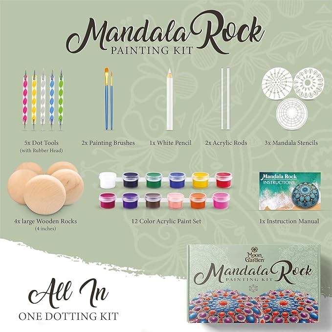 MoonGarden Mandala Rock Painting Kit - Mandala Dotting Tools Kit - Large Wooden Rocks for Painting, Stencils, Acrylic Paints, Dotting Tools for Rocks - Dot Art Kit for Adults & Kids
