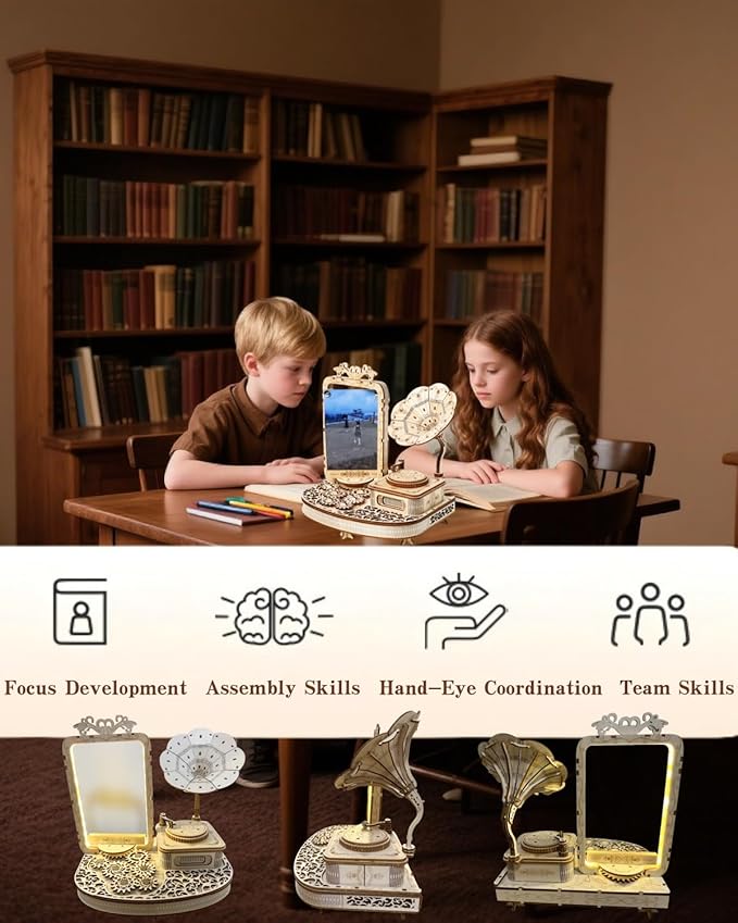 3D Wooden Puzzle Gramophone for Adults – DIY Mechanical Music Box Kit with LED Lights & Rotating Photo Frame, Creative Building Model Sets Gift for Teens, Men & Women