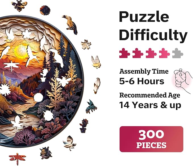 Jigfoxy Wooden Puzzles for Adults, Visual 3D Sunset Forest Wood Puzzles Adult, Unique Animal Shape Wooden Jigsaw Puzzles for Adults, Birthday Gifts for Puzzle Lovers, Family (L-13.4 * 13.4in-300pcs)