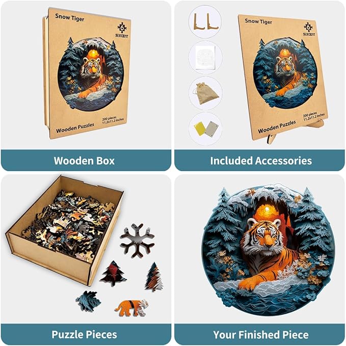 Wooden Jigsaw Puzzle, 200-500 Pieces Unique Shape Animal Puzzle, for Adults & Kids, Birthday Gift Family Game, Decorative Puzzle, Unique Gift (Snow Tiger, 200 PCS)