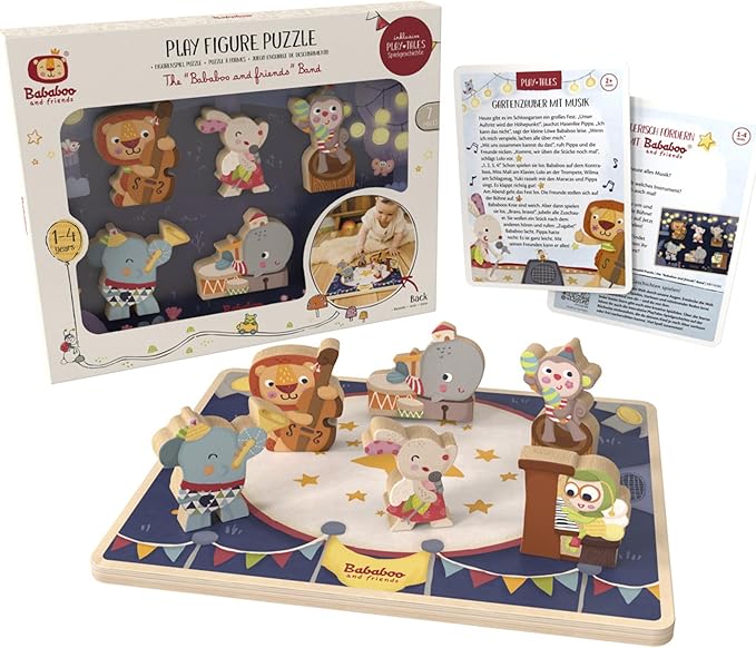 The Bababoo and friends Band Play Figure Puzzle | 12+ Months | Size 11" x 9" x .5" | Problem Solving | 7 Piece Set | Playtales Stories Included | Wood Toys Collection |