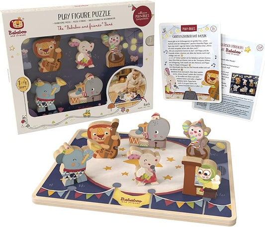The Bababoo and friends Band Play Figure Puzzle | 12+ Months | Size 11" x 9" x .5" | Problem Solving | 7 Piece Set | Playtales Stories Included | Wood Toys Collection |