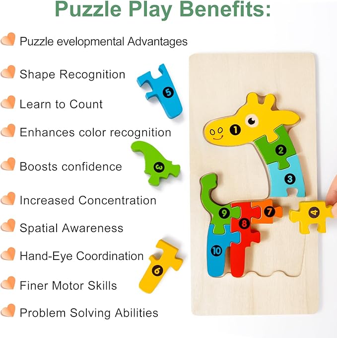 9 Pack, Wooden Puzzles for Kids, Toddler Number Puzzle, Animal Dinosaur Toddler Toys, Montessori Toys for Kids Ages 3+