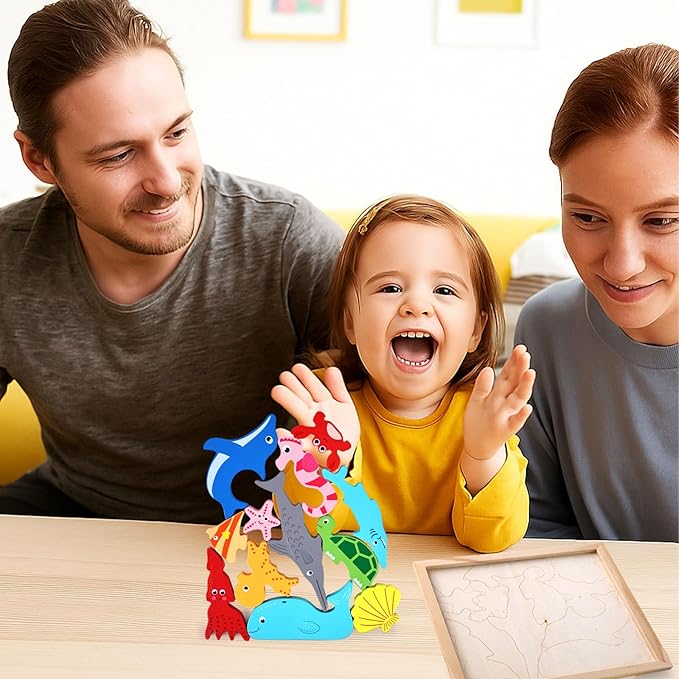 LovesTown Wooden Sea Animal Stacking Puzzles, Chunky Montessori Jigsaw Toys for Kids, Educational Preschool Learning Toys, Toddler Birthday Gifts, 12 PCS