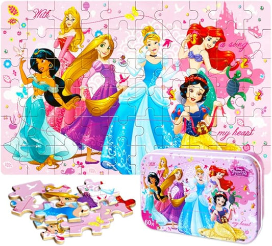 Generic NEILDEN Jigsaw Puzzles for Kids Ages 4-8 Puzzles Packed in Tin Box 60 Pieces Learning Educational Puzzles for Children Girls and Boys, Princess