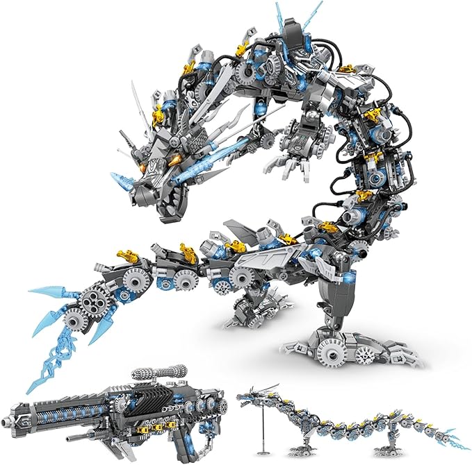 HIGH GODO Dragon Building Blocks Sets for Adults, 2 in 1 Grey Mechanical Dragon Animal Building Model Collectible Display Toys, Cool Creative Gifts for Boys Teens Fans (1390 Pcs)