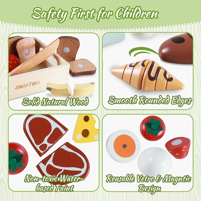 Wooden Bakery Toy Food Breakfast Set for Kids,Pretend Play Food Kitchen Accessories with Crates,Fake PlaySets Montessori Toys,Toddlers Cutting Food Gift for Boys and Girls Ages 3+