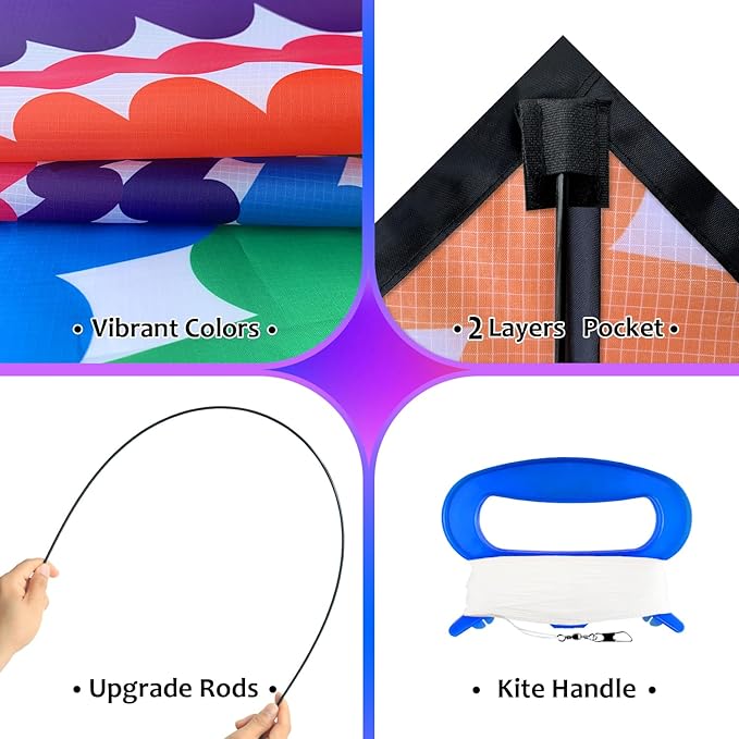 HONBO Large Delta Kite for Kids & Adults,Extremely Easy to Fly Kite for Beach Trip,String Line Included,with Colorful Tail,Perfect for Beginners
