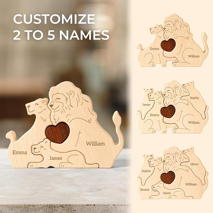 Wooden Lion Family Puzzle, Personalized Puzzles with 2-5 Names, Mothers Day Birthday Gifts for Women Men, Customized Home Decor Housewarming Gifts for Parents Couple Friends
