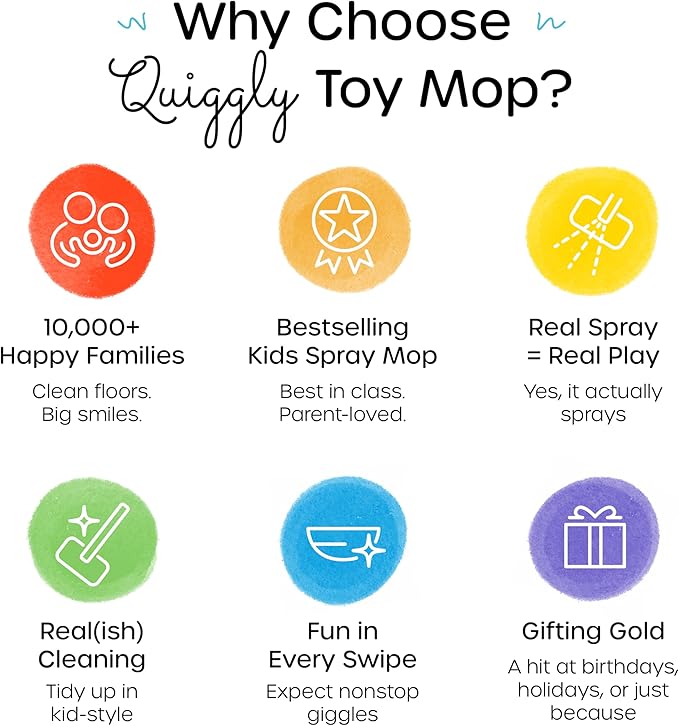 Quiggly Toy Spray Mop for Kids - Toddler Cleaning Set with Real Water Sprayer - Montessori Cleaning Set Mini Sweeper - Educational and Fun Kids Mop - Squeeze and Spray