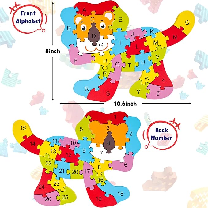 LovesTown Wooden Puzzle Learning Toys Alphabet Number Building Blocks Educational Gift for Preschool Kids Animal Lion Jigsaw 26 PCS