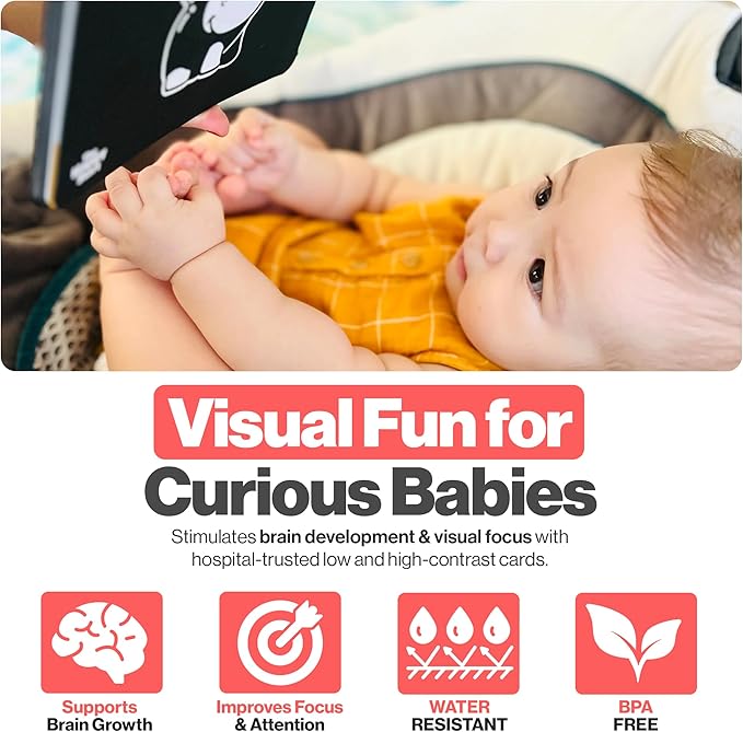 Happy Start High Contrast Baby Cards for Newborns - Black & White Cards, Water-Resistant, BPA-Free, Portable Educational Flashcards for Visual Stimulation, Award-Winning, Ages 0+ (English & Arabic)