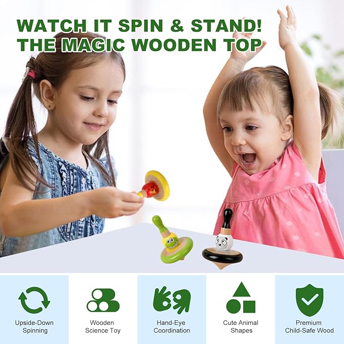 WODI 3PCS Wooden Spinning Tops - Adorable Animal Gyroscope Toys for Toddlers, Safe & Fun Montessori Educational Gift, Fidget Spinner for Kids/Toddlers (#2)