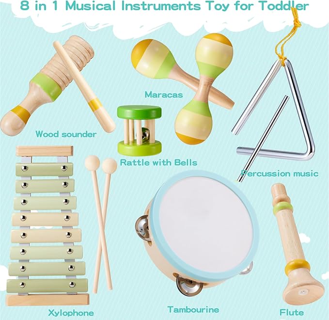 Baby Musical Instruments Set Montessori Wooden Toy for Toddlers 3 Percussion Music Xylophone for Kids Preschool Learning Resource Christmas Birthday Gifts for Boys Girls Aged 3 4 5 (Green)