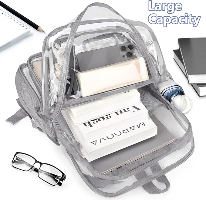 Attmu Gray Clear Backpack, Heavy Duty PVC Clear Bag for Stadium Events, Transparent Backpack with Reinforced Straps & Stitches for Girls Boys, Large Capacity Bookbag for School, Travel, College, Work