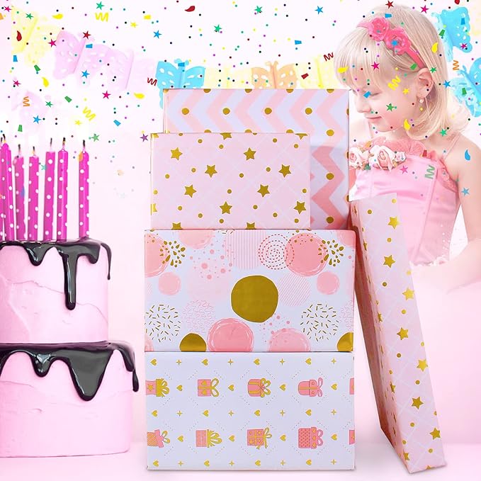 Wrapping Paper Pink Gold Birthday Gift Wrapping Paper for Girls Women-Soft Pink Gift Wrap Paper and Ribbon Sticker,Pretty Present Wrap Folded Sheets for Party,Wedding,Valentine's Day(6 Sheets, 27.5"Lx19.6"W per Sheet)