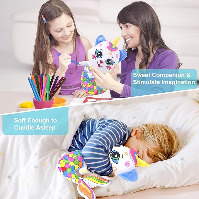 Coloring Plush Toy with 12 Washable Markers for Little Girls Doodle Dolls Arts and Crafts Soft DIY Washable Doodle Stuffed Animal Toy for Kids Ages 4-6 Birthday (Fish Cat)