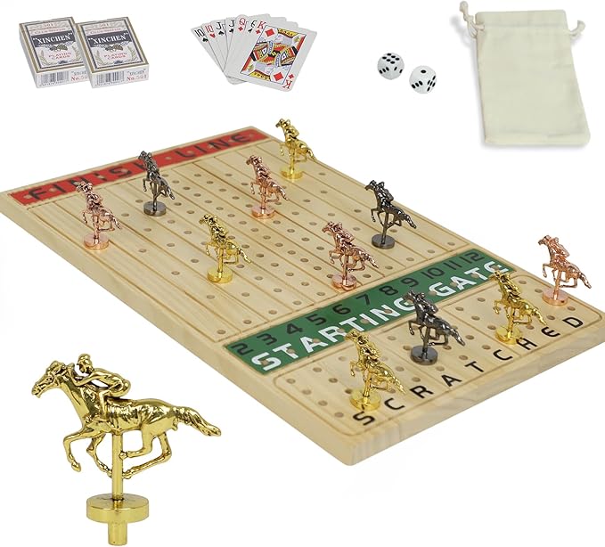HOROW Metal Horse Racing Board Game Card Board Game Finish Line Luxury Edition Solid Wood Race Game Board 11 Batches of Metal Model Horses 2 Sets of Dice and 2 Boxes of Cards…