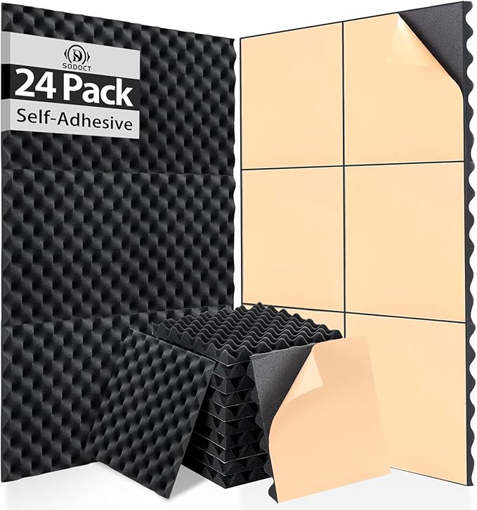 24 Pack Sound Proof Foam Panels for Wall,Self Adhesive Acoustic Panels,12" X 12" X 1.2" Egg Crate Soundproof Wall Panels for Studio,Room Acoustic Treatment Foam,Sound Absorbing Foam Black