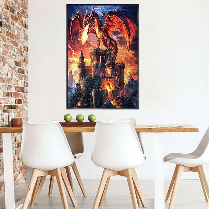 Dragon Puzzle for Adults 1000 Pieces Fantasy Red Dragon Fire Castle Puzzles Colorful and Unique Challenging Puzzle for Game Nights