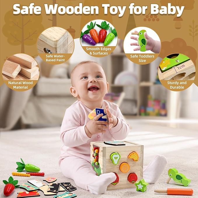 Baby Wooden Activity Cube Montessori Toys for 1 2 3 4 Year Old Boys Girls Birthday Gifts, 5 in 1 Early Educational Learning Toys for Toddlers Kids 12 18 24 Month Fine Motor Skill Games