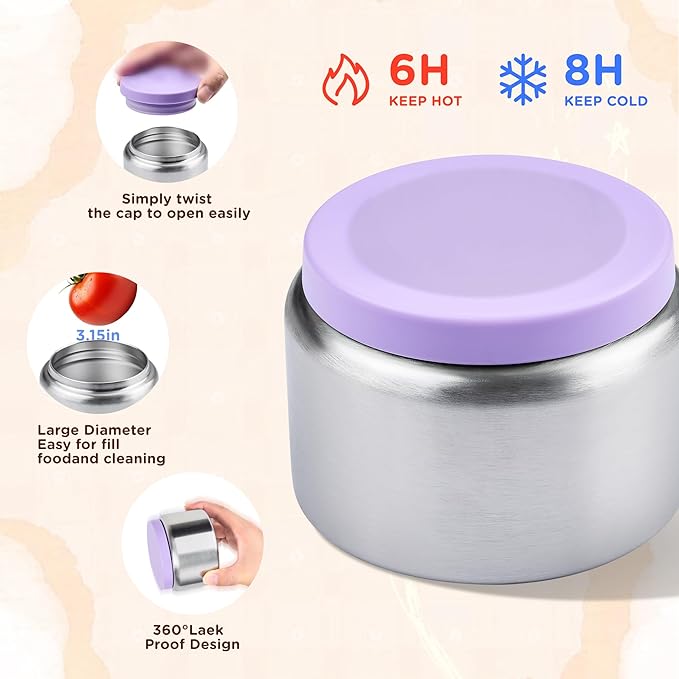 Bento Lunch Box for Kids With 8oz Thermo, Leakproof Bento Box with with 2 Compartments, Insulated Bottle, Lunch Bag, BPA Free Dishwasher Safe for School Girls Boys (Purple)