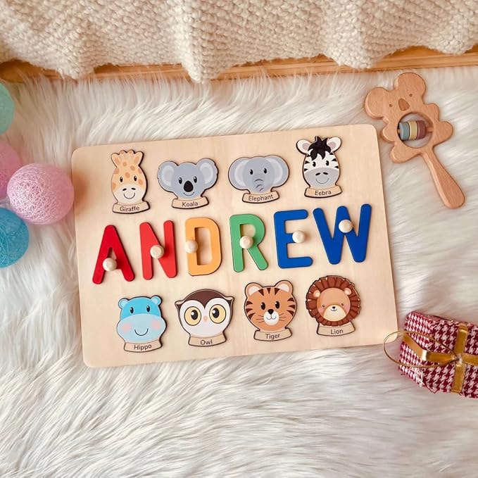 Personalized Name Puzzle - Custom Wooden Puzzle for Toddlers 1-3 - Unique Baby Shower, Christmas & 1st Birthday Gift for Boys and Girls - Keepsake Montessori Toy (Vocab)