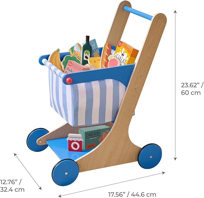 Teamson Kids Wooden Shopping Cart for Toddlers with 13 Pretend Grocery Accessories Push Walker Play Food Toy with Rolling Wheels Blue and White Striped Basket for Boys Girls Ages 3+ Safety Certified