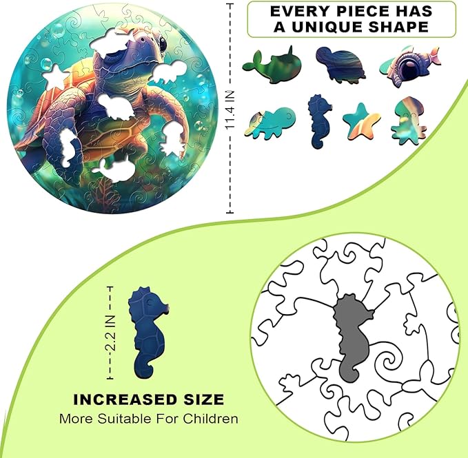 Christmas Birthday Gifts for Kids Girls Boys, Wooden Jigsaw Puzzles for Kids Ages 4-6, 50 Piece Unique Shape Animal Theme Puzzle - Preschool Learning Educational Toys for Kid (Sea Turtle)