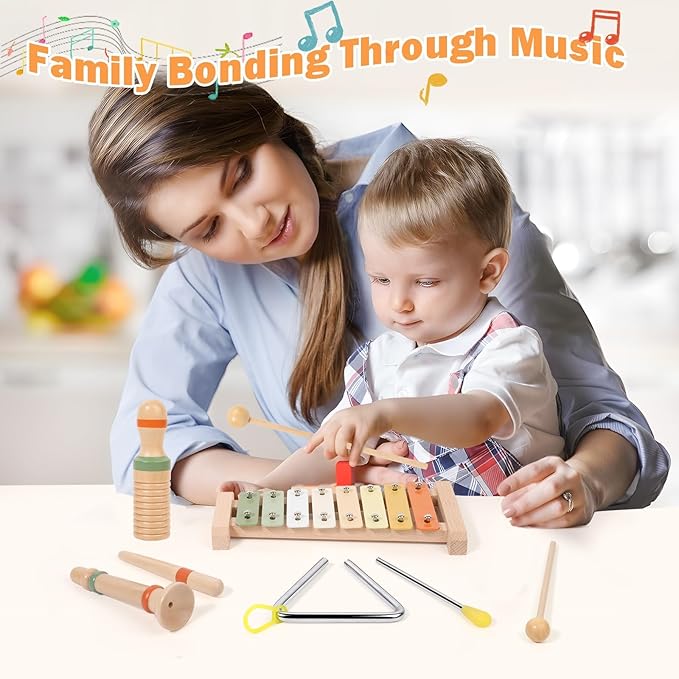 Baby Musical Instruments Set, Toddler Montessori Toys Neutral Colors Percussion Set Preschool Educational Xylophone Music Toys for 2 3 4 Year Old Kids Girls Boys Birthday Gifts