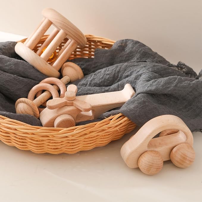 Wooden Baby Rattle Set - Montessori Grip Toy for Newborns, Natural Wood Gift Set of 3