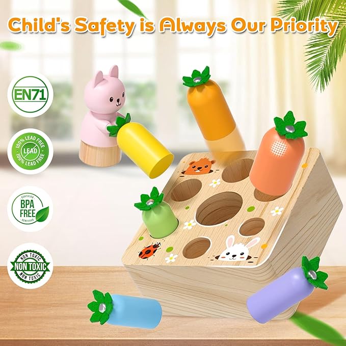 XPIY Montessori Toys for 1 Year Old, Carrots Harvest Wooden Baby Toys for 6-12 Months Educational Shape Sorting Matching Toys Fine Motor Skill, Gift for Kids Easter (Bouncing Carrots)