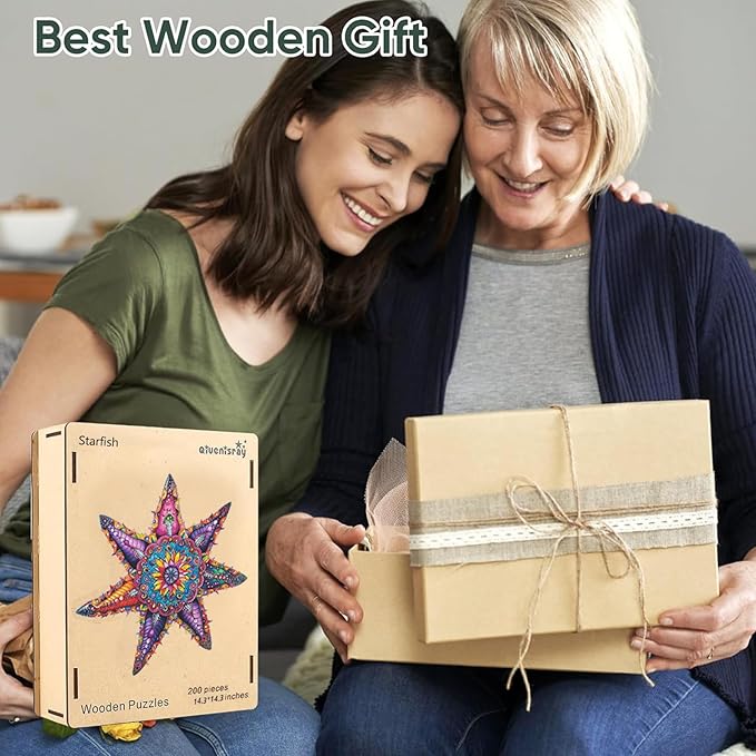 Starfish Wooden Puzzles 200 Pieces, Ocean Puzzles for Adults, Unique Shape Animal Adult Puzzles, Irregular Wooden Best Gift for Adults Family Game (14.3x14.3 in)