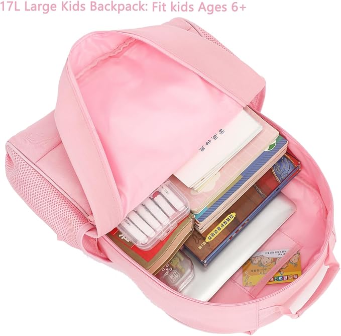 FlowFly Kids Backpack for Toddler Boys Girls, Simple Lightweight Bookbag for Daycare Kindergarten Elementary School Travel, Small Modern Bag (Large), Pink