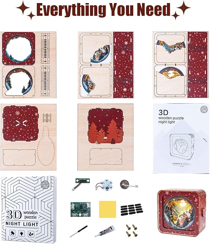 3D Puzzle Nightlight-DIY LED Light Winter Night Wooden Puzzle-Art Lamp and Craft Kits for Kids and Adults-Birthday Gifts Toys-Home Desk Decor Family Game