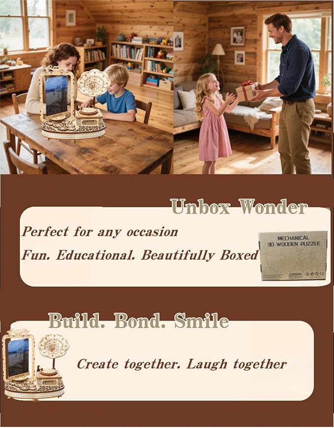 3D Wooden Puzzle Gramophone for Adults – DIY Mechanical Music Box Kit with LED Lights & Rotating Photo Frame, Creative Building Model Sets Gift for Teens, Men & Women
