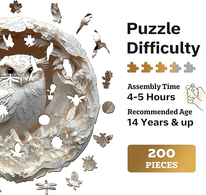 Jigfoxy Wooden Puzzles for Adults, Visual 3D Owl Wood Puzzles Adult, Unique Animal Shape Wooden Jigsaw Puzzles for Adults, Birthday Gifts for Puzzle Lovers, Family (M-11.4 * 11.2in-200pcs)