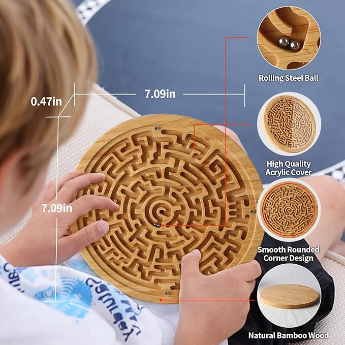 Round Wooden Labyrinth Board Game - Marble Maze for Education and Fun, Toddler Activity Board, Brain Teaser Puzzle Logic Game with Two Metal Balls for Kids, Adults, Teens, Boys, and Girls