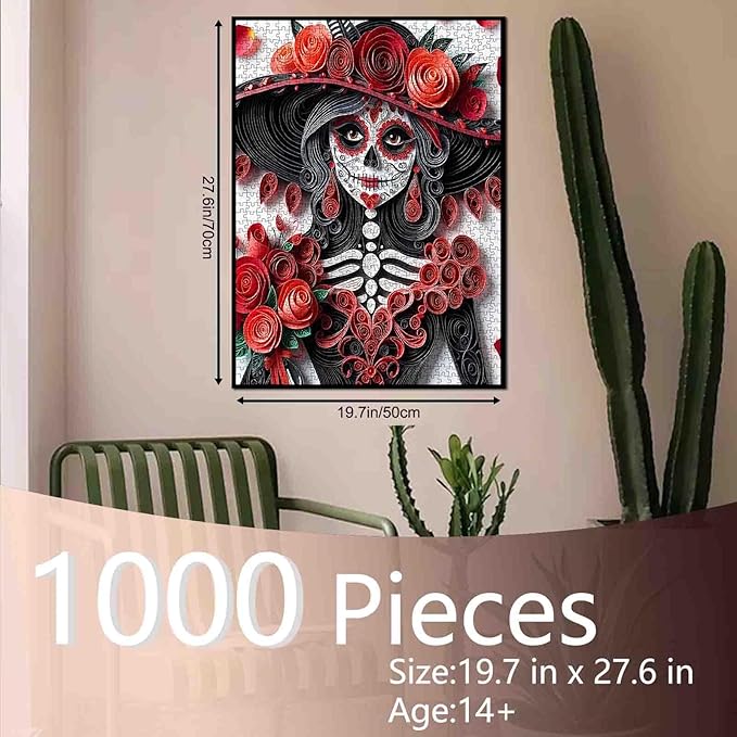 Tucocoo Skeleton Woman 1000 Piece Jigsaw Puzzle for Adults, Elegant Skull Girl Puzzles Red Roses Paper Art Puzzle Home Decor Gift Difficult Art 1000 Pieces Challenging Puzzle Family Game Night