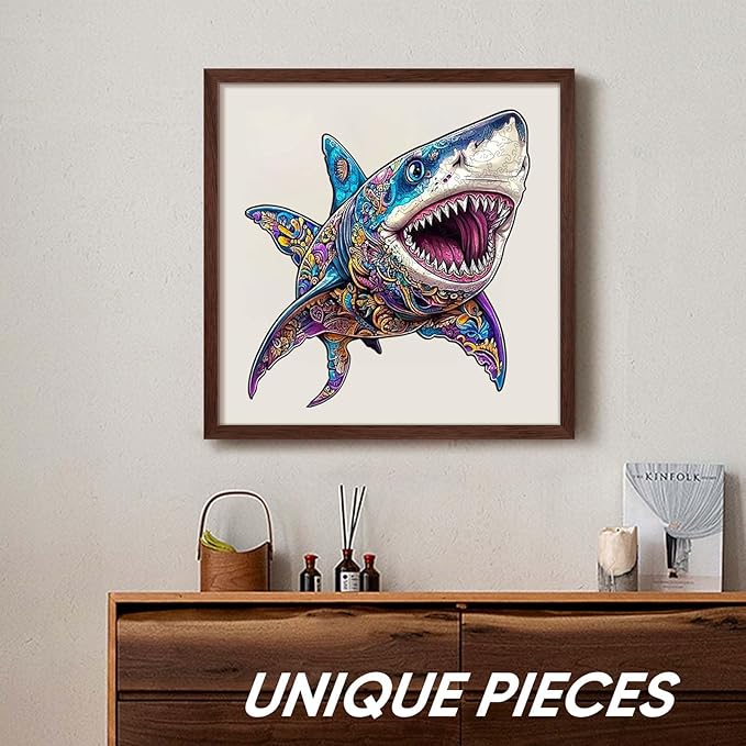 Wooden Jigsaw Puzzle, 500 Pcs Unique 3D Shape Jigsaw Puzzles, Wood Puzzle Gift Box Packing, Medium Size Letter, Creative Gift for Adults and Kids, Fun Challenging (EA2Shark, 500PCS)