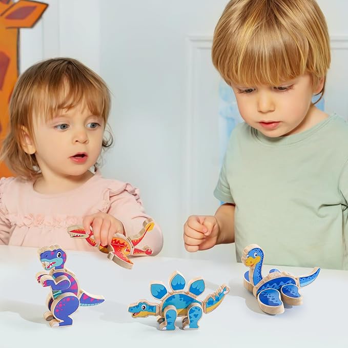 Magnetic Dinosaur Building Blocks, Wooden Dino Snap Blocks, STEM Take Apart Dinosaurs Playset, Montessori Fine Motor Skills Educational Learning Toy, Preschool Gift for 3 4 5 6 Years Kids