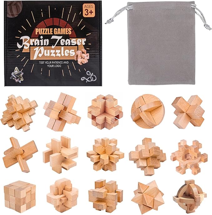 VolksRose 15pcs Wooden Brain Teaser Puzzles, IQ Challenge Puzzle Games, Logic Mind Puzzle Box Lock Toy Disentanglement 3D Small Brain Puzzle Gift Set for Adults Teenagers Kids, 1.8inch 4.5cm