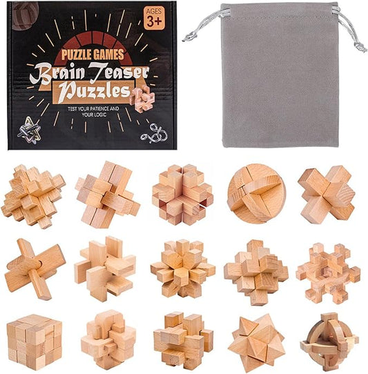 VolksRose 15pcs Wooden Brain Teaser Puzzles, IQ Challenge Puzzle Games, Logic Mind Puzzle Box Lock Toy Disentanglement 3D Small Brain Puzzle Gift Set for Adults Teenagers Kids, 1.8inch 4.5cm