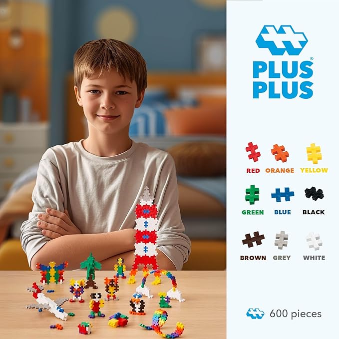 PLUS PLUS - Open Play Set - 600 Piece - Basic Color Mix, Construction Building Stem Toy, Interlocking Mini Puzzle Blocks for Kids