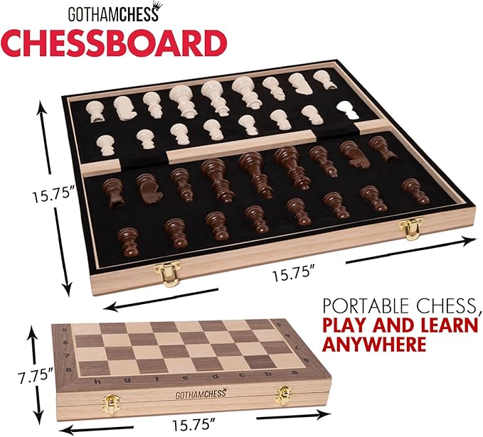 GothamChess Board | Foldable & Portable, Magnetic Chess Pieces, Organized Fitted Storage, Includes Course by International Master Levy Rozman, Game for Kids, Teens, Families & Adults | 15.75" x 15.75"