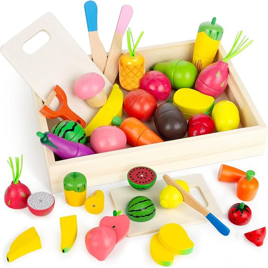 Wooden Play Food Sets for Kids Kitchen - Cutting Fruits and Veggies Toddler Toys Pretend Food Play Kitchen Accessories Montessori Educational Toys Gifts for Kids Boys Girls 3+